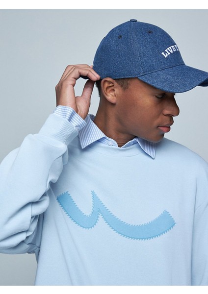 Sloganlı Sıfır Yaka Uzun Kollu Relaxed Fit Mavi Sweatshırt