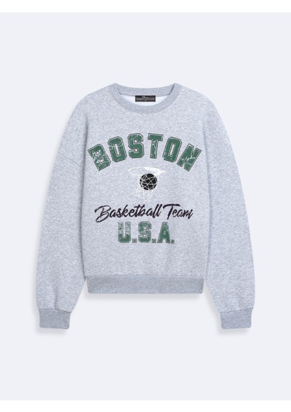 Boston Baskılı Sıfır Yaka Uzun Kollu Gri Sweatshırt