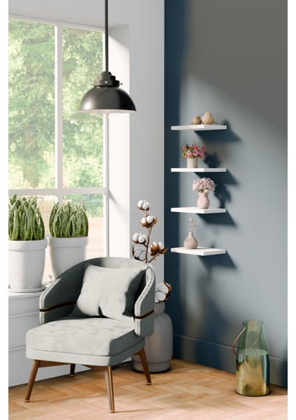 20 Cm 4lü Mat Beyaz Mdf Uçan Mini Duvar Rafı Gizli Bağlantı Çiçeklik