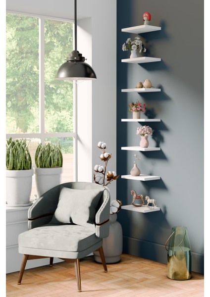 yankı-byeg 20 cm 7li Mat Beyaz Mdf Uçan Mini Duvar Rafı Gizli Bağlantı Çiçeklik