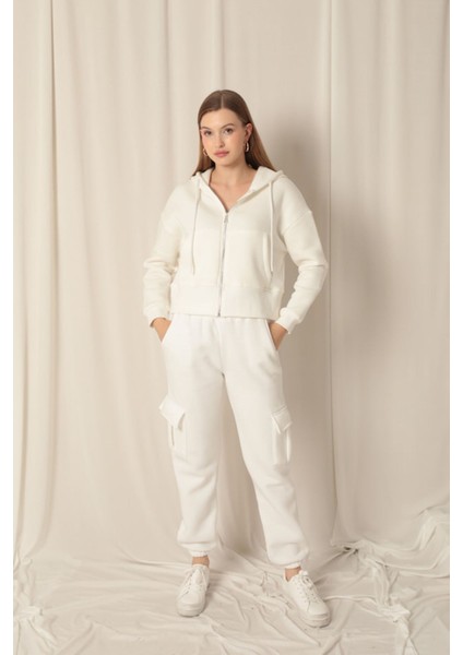 Üç Iplik Fermuarlı Kapüşonlu Kısa Ekru Sweat fırsatları