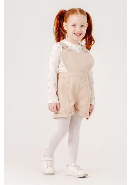 Kalp Detaylı Sweat Gabardin Salopet Çorap 3 Parça kız çocuk - Bej