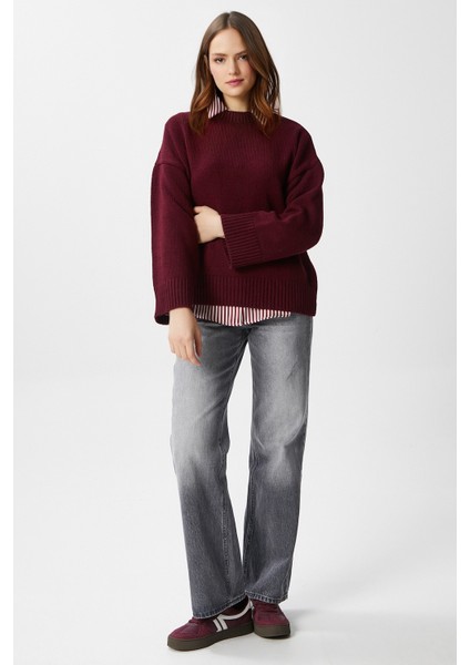 Pntrst Bordo Bisiklet Yaka Oversize Triko Kazak