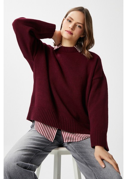 Pntrst Bordo Bisiklet Yaka Oversize Triko Kazak
