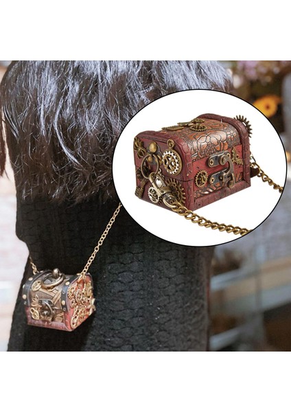 Zincir Ahşap Kutu ile Vintage Stil Çanta Küçük Punk Dişliler Gotik Kadınlar Kahverengi 8X6.5X6CM (Yurt Dışından)