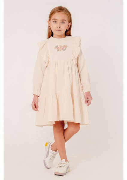 (3-11 Yaş) Müslin Volanlı Çiçek Nakış Kız çocuk elbise - Krem