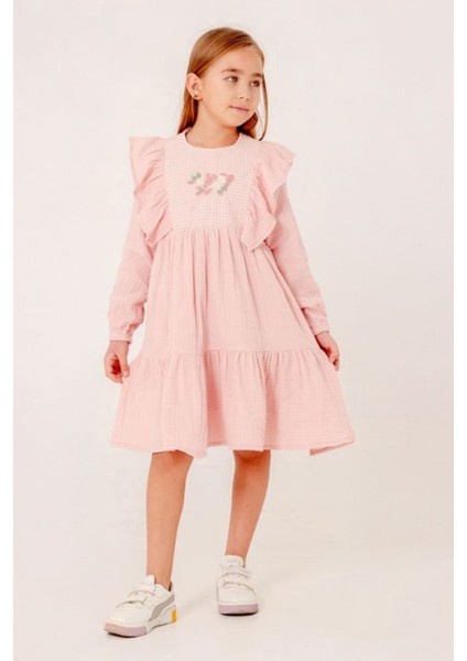 (3-11 Yaş) Müslin Volanlı Çiçek Nakış Kız çocuk elbise - Pembe