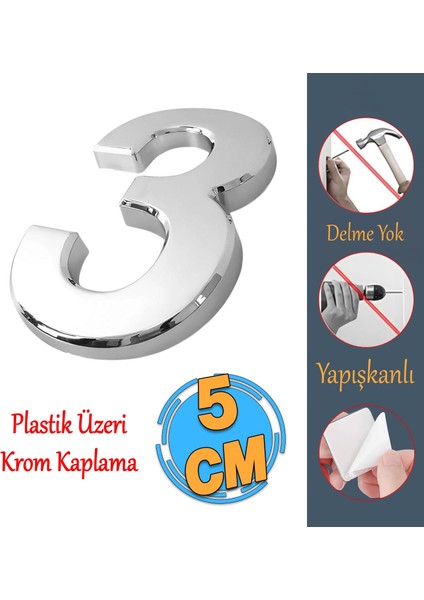 Yapışkanlı Kapı Numarası Küçük Boy 50 mm 5 cm Numara 3 Rakam Üç Sayısı Krom Renk Numaralar 1 Adet