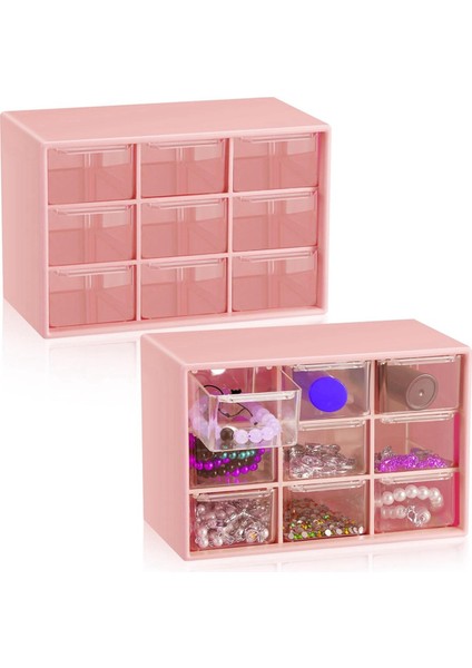 2 Parça Küçük Çekmece Düzenleyici 9 Çekmeceli Alet Kutusu (Pembe) (Yurt Dışından)