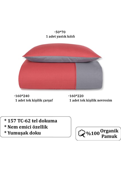 Organik Pamuk Akfil Çift Taraflı Nevresim Takımı Tek Kişilik 160X220 cm Bordo Antrasit