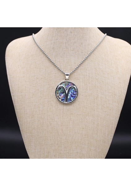 60CM Tarzı Koç Burcu Metal Zincir Şanslı 12 Takımyıldızları Kolye Doğal Abalone Kabuk Alaşım Kakma Yuvarlak Kolye Kolye Büyüleyici Takı Hediye (Yurt Dışından)