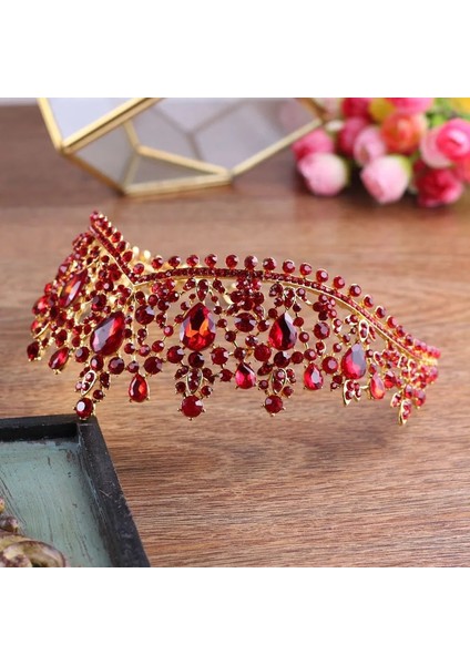 Taçlar Tarzı No.4 Boyutu Lüks Altın Rengi Kırmızı Rhinestone Gelin Tiaras Taç Vintage Barok Kristal Diadem Gelin Bantlar Düğün Saç Aksesuarları (Yurt Dışından) fırsatları