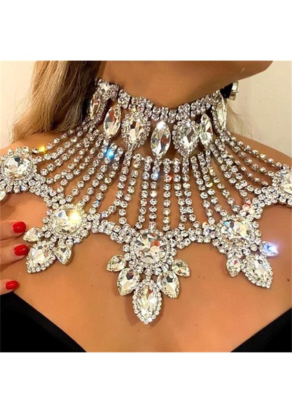 Gümüş Moda Kristal Gelin Takı Kadınlar Için Rhinestone Geometrik Gerdanlık Su Damlası Zincir Yaka Kolye Aksesuarları S (Yurt Dışından)