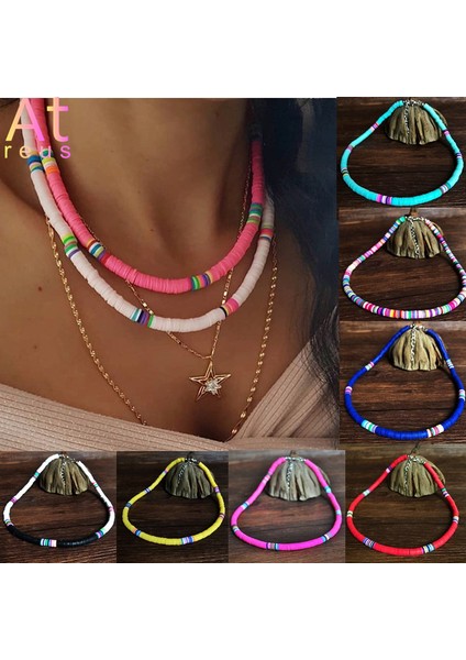 T20525HAKI 15 Renk Bohemian 6mm Polimer Kil Kolye Yumuşak Çömlek Gerdanlık Kolye Renkli Sörfçü Boncuk Yaka El Yapımı Kadınlar Takı Hediye (Yurt Dışından)
