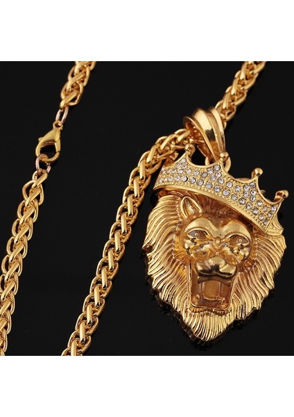 As Picture Shows Yeni Retro Aslan Kafası Taç Şekli Kolye Kolye Erkek Kolye Moda Kristal Kakma Aydınlık Aslan Kolye Aksesuarları Takı (Yurt Dışından) fiyatları