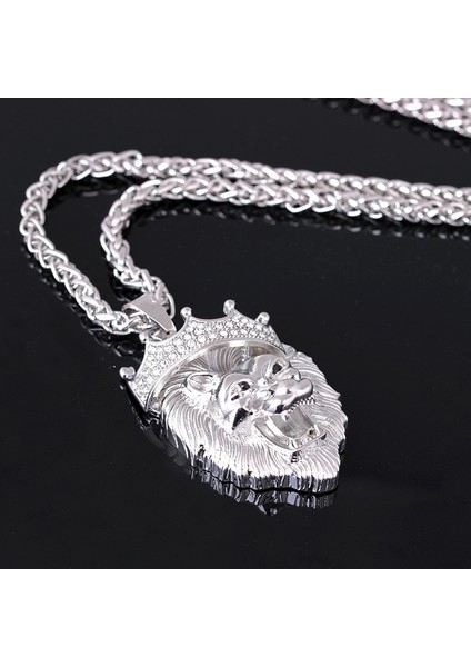 As Picture Shows Yeni Retro Aslan Kafası Taç Şekli Kolye Kolye Erkek Kolye Moda Kristal Kakma Aydınlık Aslan Kolye Aksesuarları Takı (Yurt Dışından) modelleri