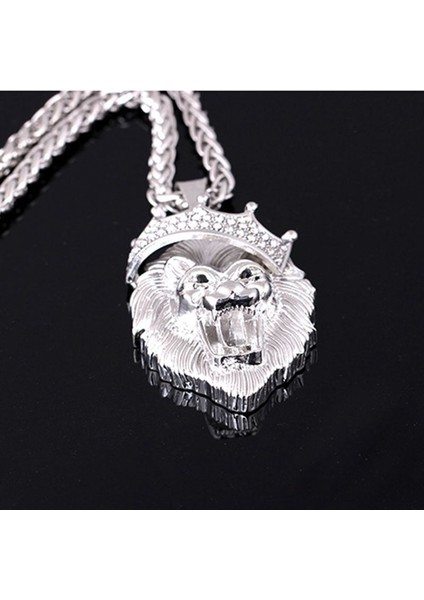 As Picture Shows Yeni Retro Aslan Kafası Taç Şekli Kolye Kolye Erkek Kolye Moda Kristal Kakma Aydınlık Aslan Kolye Aksesuarları Takı (Yurt Dışından) fırsatları