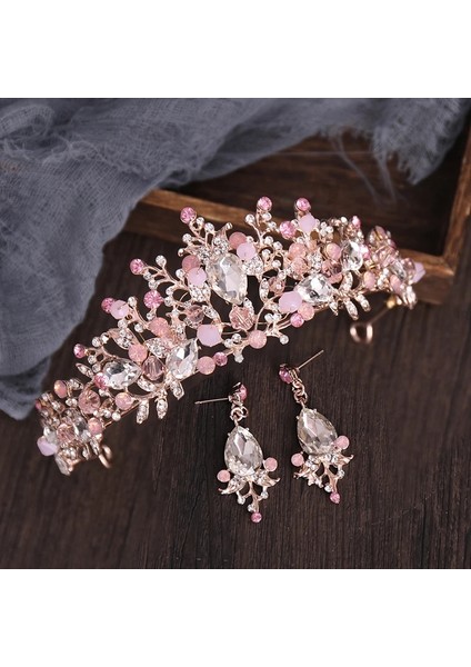 Altın Gül Altın Gümüş Renk Pembe Kristal Gelin Tacı ve Taç El Yapımı Kraliçe Prenses Diadem Küpe ile Kadın Düğün Aksesuarları (Yurt Dışından) fiyatları