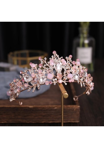 Altın Gül Altın Gümüş Renk Pembe Kristal Gelin Tacı ve Taç El Yapımı Kraliçe Prenses Diadem Küpe ile Kadın Düğün Aksesuarları (Yurt Dışından) fırsatları