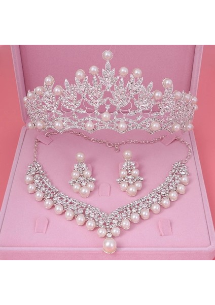 Gümüş Kristal Inci Gelin Takı Seti Rhinestone Kolye Küpe Tiara Taç Seti Kadınlar Için Gelin Parti Kraliçe Düğün Takı Seti (Yurt Dışından)