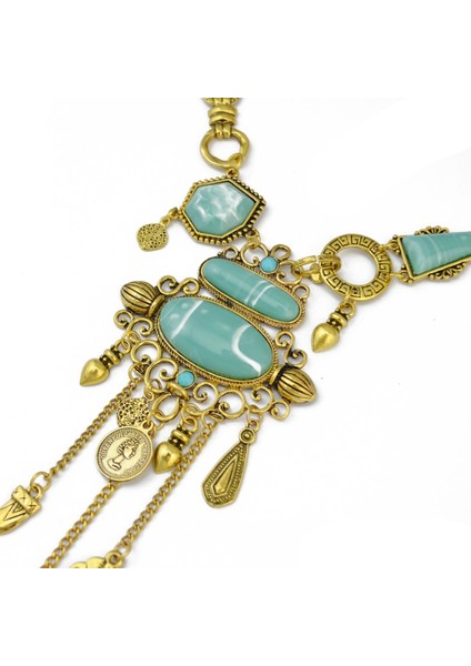 Gümüş Bohemian Collier Femme Püskül Maxi Sikke Boyun Zinciri Türk Yeşil Taş Kolye Kadın Önlüğü Yaka Bildirimi Necklac Çingene Takı (Yurt Dışından) fırsatları