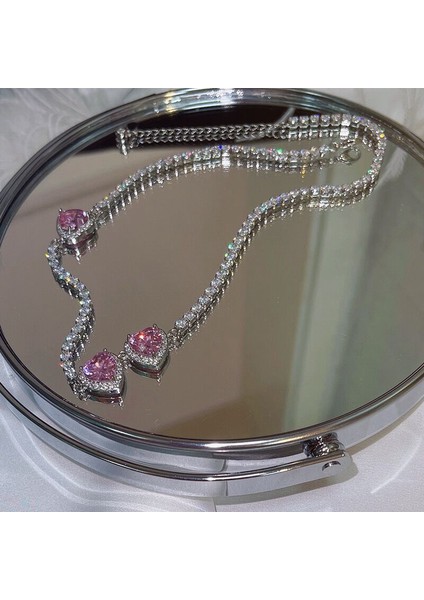 FE1030-A Trendy Pembe Kristal Kalp Gerdanlık Kolye Kadın Kızlar Için Zarif Kübik Zirkonya Zincir Gerdanlık Kolye Collares Parti Takı (Yurt Dışından)