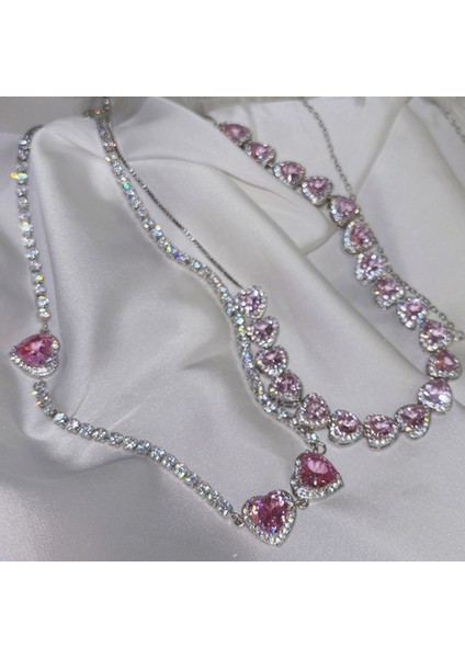 FE1030-A Trendy Pembe Kristal Kalp Gerdanlık Kolye Kadın Kızlar Için Zarif Kübik Zirkonya Zincir Gerdanlık Kolye Collares Parti Takı (Yurt Dışından)