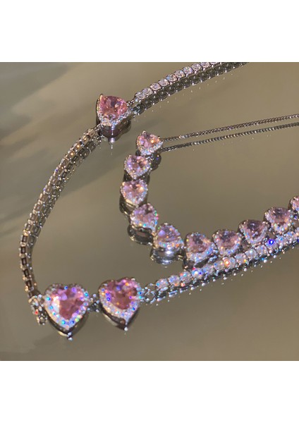 FE1030-A Trendy Pembe Kristal Kalp Gerdanlık Kolye Kadın Kızlar Için Zarif Kübik Zirkonya Zincir Gerdanlık Kolye Collares Parti Takı (Yurt Dışından)