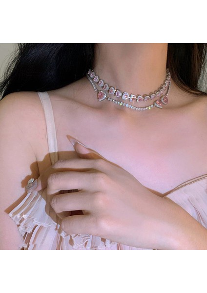 FE1030-A Trendy Pembe Kristal Kalp Gerdanlık Kolye Kadın Kızlar Için Zarif Kübik Zirkonya Zincir Gerdanlık Kolye Collares Parti Takı (Yurt Dışından)