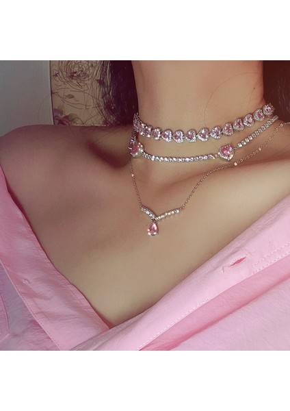 FE1030-A Trendy Pembe Kristal Kalp Gerdanlık Kolye Kadın Kızlar Için Zarif Kübik Zirkonya Zincir Gerdanlık Kolye Collares Parti Takı (Yurt Dışından)