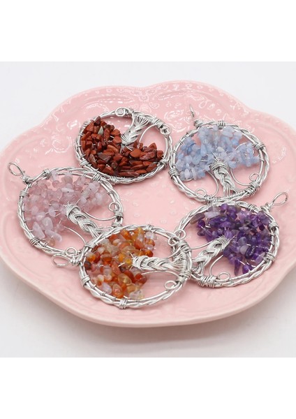 BEYAZ-PEMBE-35X48MM Doğal Taş Kolye Ametistagates Hayat Ağacı Kolye Takı Yapımı Için Dıy Kolye Küpe Bilezik Aksesuarı (Yurt Dışından)