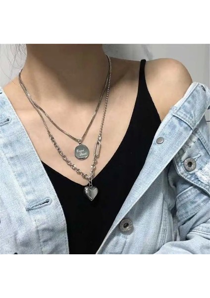 N2397 Canlı Yayın Paslanmaz Çelik Ekleme Zinciri Çift Katmanlı Kolye Şeftali Kalp Harf Etiketli Kazak Zinciri (Yurt Dışından) fiyatları