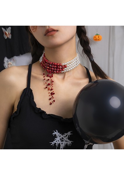S01 Gotik Inci ve Kanlı Ccb Boncuk Kısa Gerdanlık Kolye Kadınlar Için Punk Katmanlı Boncuklu Zincir Kolye Yaka Moda Takı (Yurt Dışından)