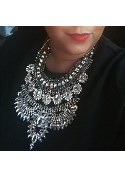 Gri Boho Etnik Büyük Önlük Maxi Gerdanlık Kadın Takı Hint Vintage Bildirimi Kristal Rhinestone Büyük Yaka Kolye Kız (Yurt Dışından) fiyatları