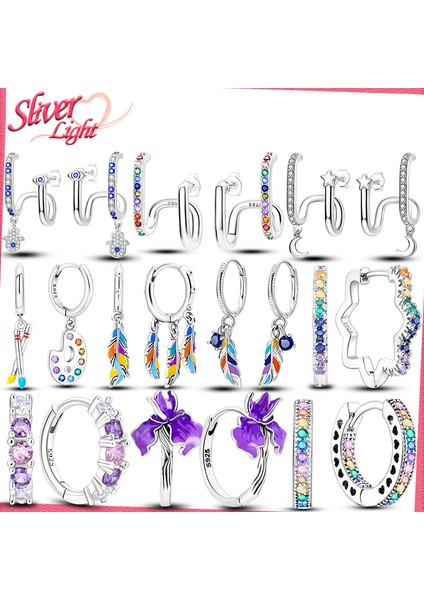 KTE112 Dangle Çift Hoop Kadın Küpe Orijinal Desigterling Gümüş Küp Zirkon Küçük Kalp U Şekli Tüy Yıldız Ay Küpe (Yurt Dışından)