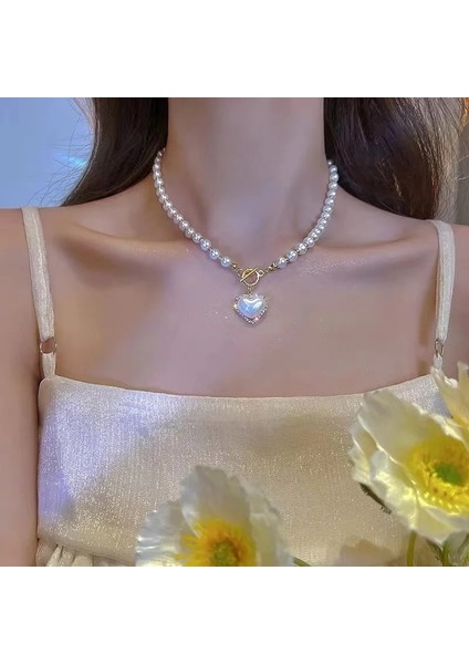XL356 Lüks Kalp Kolye Vintage Inci Kolye Bayanlar Zarif Charm Fransız Romantik Tarzı Klavikula Zincir Anıt Hediye (Yurt Dışından)