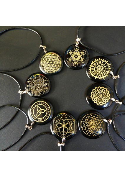 Hiçbiri Doğal Obsidyen Kolye Kolye Hayat Çiçeği Sihirli Daire Kehanet Sri Yantra Triqueta Metatrone Küpü Çok Boyutlu (Yurt Dışından)