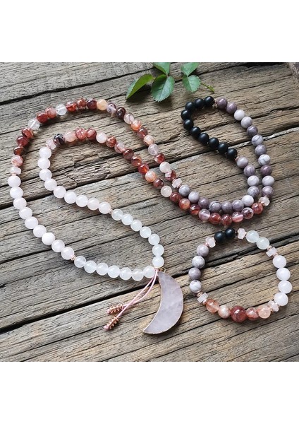 Ayarlamak 8mm Ateş Kuvars, Mor, Beyaz Taş Boncuk, Ay Gül Kuvars Kolye, Dua Bileklik, Meditasyon Kolye, Şifa Takı (Yurt Dışından)