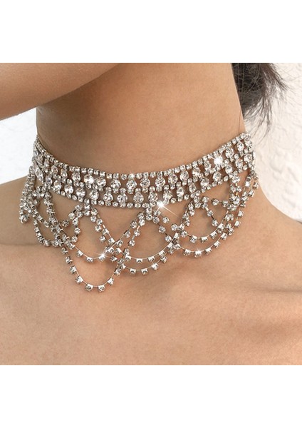 Altın Tarzı Ç3 Lüks Yapay Elmas Örgü Şekli Kısa Gerdanlık Kolye Charm Boyun Takı Kadınlar Için Bling Kristal Içi Boş Püskül Kolye Parti Hediyeler (Yurt Dışından)