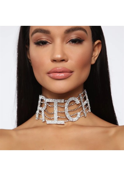 Gümüş Tarzı Zengin Mschengdorıs Moda Rhinestone Büyük Mektup Gerdanlık Kolye Kadınlar Için Zengın Para Bildirimi Yaka Kolye Kristal Zincir Takı (Yurt Dışından)