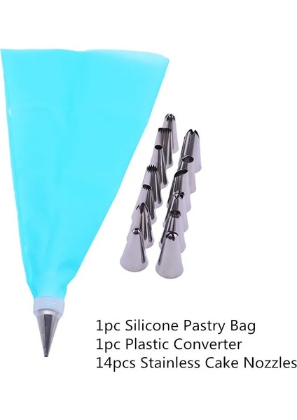 Mavi 16'lı Set Stili Et Silikon Pasta Torbası Buzlanma G Krem Paslanmaz Nozullu Yeniden Kullanılabilir Pasta Torbaları Kek Dekorasyon Mutfak Pişirme Araçları (Yurt Dışından)