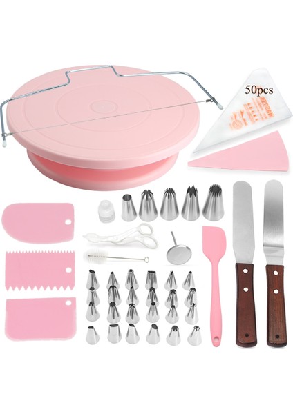 43 Adet-Pembe Tarzı Kek Standı Döner Tabla Döner Taban Kek Plastik Hamur Bıçağı Dekorasyon 10 Inç Kremalı Kek Stand Seti Kek Döner Döner Tabla Aracı (Yurt Dışından)