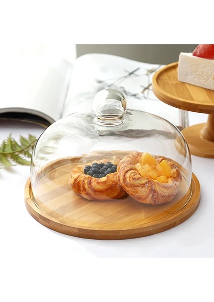 E-1pcs Tarzı Pasta Tepsisi Cam Şeffaf Kapak Tatlı Meyve Tadım Kutusu Pasta Ekmek ve Pasta Tadımı Ahşap Tepsi Cam Kapak (Yurt Dışından)