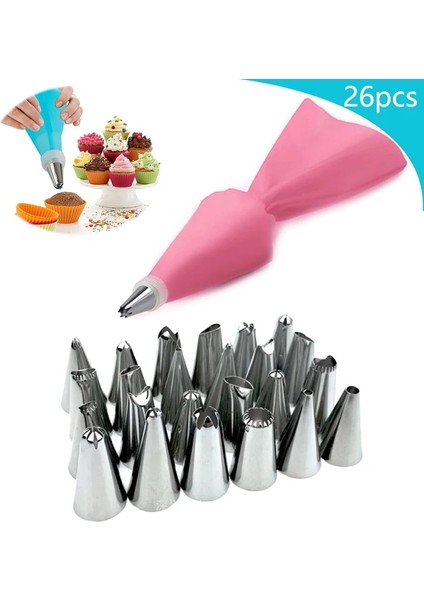 E26-26PCS-PEMBE Tarzı Silikon Pasta Torbası G Nozullar Dondurma Kremalı Kek Dekorasyon Araçları Pasta Çantaları + 24 Nozul Seti Yeniden Kullanılabilir Ipuçları Mutfak (Yurt Dışından)