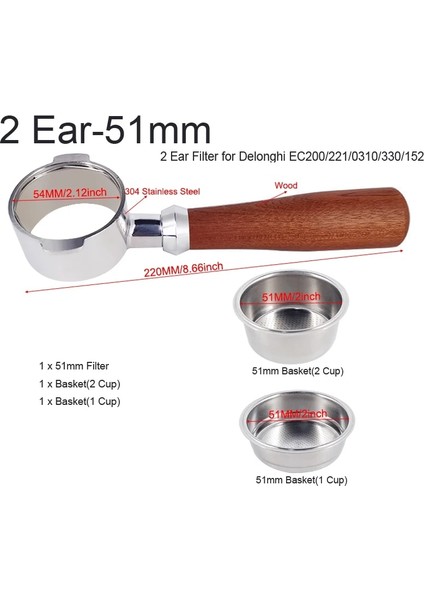 51MM-2KULAK 3 Stili Dipsiz Portafilter Espresso Kahve Makinesi Ahşap Veya Plastik Saplı Filtre Dahil 51MM Paslanmaz Çelik Kahve Sepeti (Yurt Dışından)