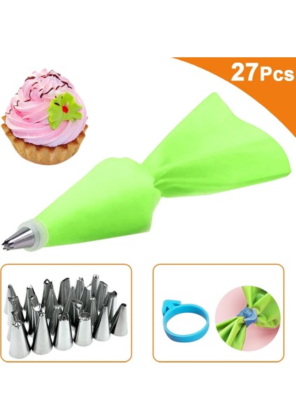 26 Adet Yeşil Set Stili Licone Pasta Torbası Ipuçları Seti Kek Buzlanma G Krem Nozullar Pasta Dekor Araçları Sabitleme Halkalı Yeniden Kullanılabilir Pasta Torbaları (Yurt Dışından)