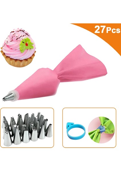 26 Adet Pembe Set Stili Licone Pasta Torbası Ipuçları Seti Kek Buzlanma G Krem Nozullar Pasta Dekor Araçları Sabitleme Halkalı Yeniden Kullanılabilir Pasta Torbaları (Yurt Dışından)