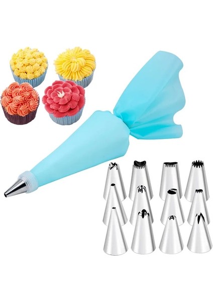 14 Adet-Mavi Tarzı Mutfak Pasta Torbası Ipuçları Kek Seti Silikon Buzlanma G Kremalı Pasta Süsleme Araçları Yeniden Kullanılabilir Pasta Torbaları+ Nozul Kolay Set (Yurt Dışından)