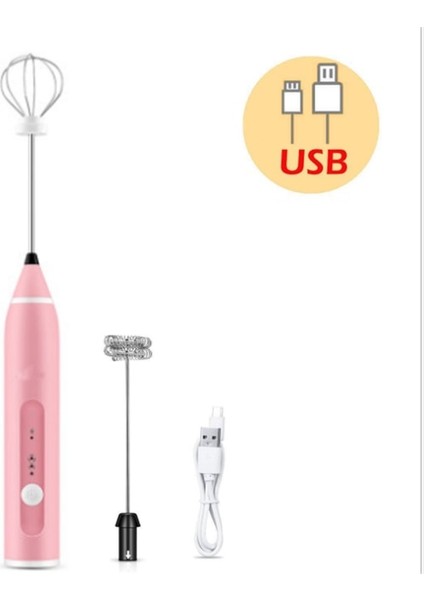 Pembe Tarzı USB Şarj Edilebilir Blender Süt Köpürtücü Iki Hız Elektrikli Paslanmaz Çelik El Mini Blender Cappuccino, Yumurta Için Içecek Mikseri (Yurt Dışından)