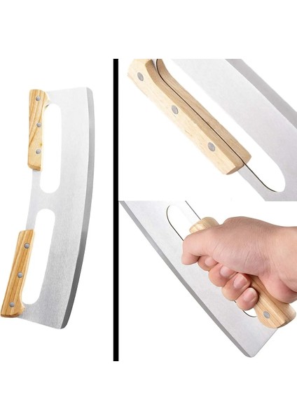 C Stili Pizza Kesici, Ahşap Saplı ve Plastik Kapaklı Paslanmaz Çelik Rocker Bıçağı - Pasta Pizza Yapımı Için Aksesuarları Yükseltme Doğrayıcı (Yurt Dışından) modelleri
